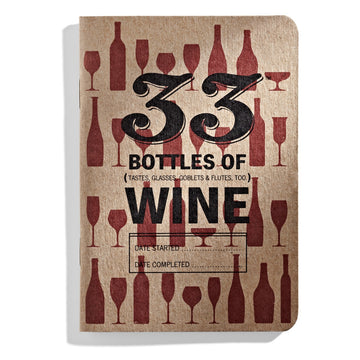 33 bottles of wine, wine journal, tastes glasses goblets and flutes, brown book with red bottles of wine, mini journal